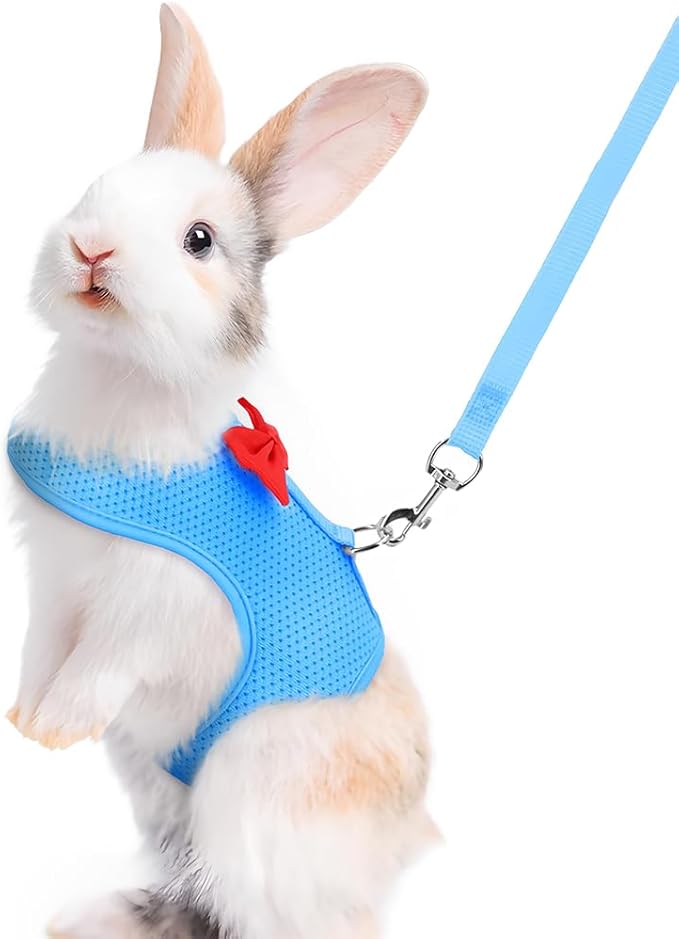 Light Blue Rabbit Harness and Leash Set, with Cute Bow Soft Breathable Mesh Bunny Vest Harness for Rabbits Kitten Ferret Puppy Small Pets Walking, M