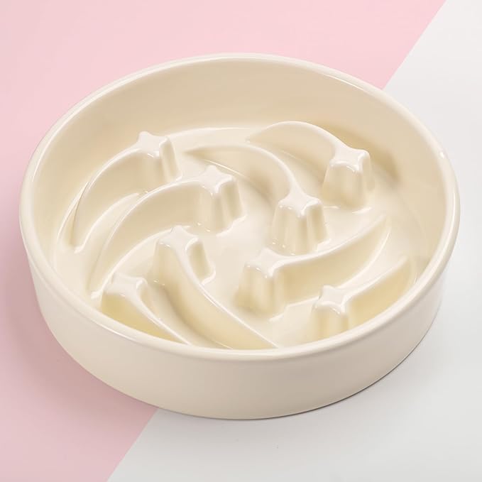 8.26 in Milk White Dog Bowl Slow Feeder Ceramic for Medium and Large Breed,Elevated/Raised Slow Feeding Dog Food Water Dish Heavy Weighted,Puzzle Eating Bowl Modern Maze Meteor
