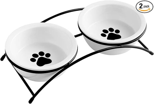 ZONEYILA Elevated Cat Bowls, Dog Bowl, Ceramic Raised Cat Food Water Bowl Set with Metal Stand for Indoor Cats Small Dog, Prevent Neck Pain,12 Ounces, Cute Paw Pattern