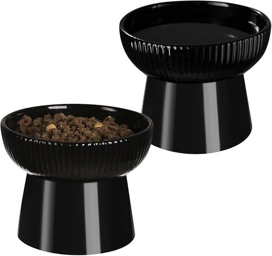 Ceramic Elevated Cat Bowls-Water Bowl, 15° Tilted Design, Anti-Vomiting & Spine Protection, Prevent Whisker Fatigue for Kittens to Adult Cats and Small Dogs (Black-Elevated Cat Bowls-2)
