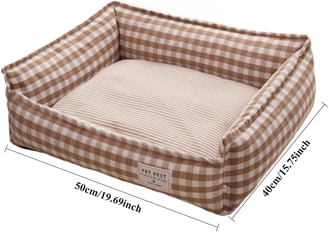 Orthopedic Rectangle Dog Bed for Medium Small Dogs, Plaid Plush Modern Puppy Sofa Bed with Anti-Slip Bottom, Cute Calming Pet Bed(Khaki,Medium)