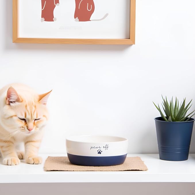 Pearhead Ceramic Cat Bowl – Navy Blue “Paws Off” Design, Holds 12 oz, Stoneware Pet Dish, Non-Skid Feeding Bowl