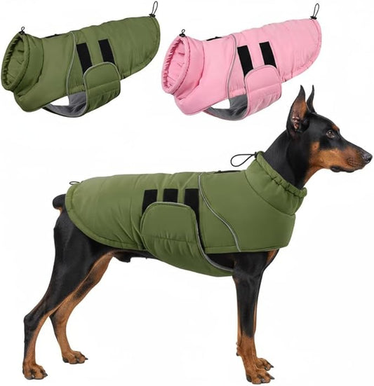 ASENKU Extra Warm Dog Coat with Fleece, Reflective Puffer Jacket, Adjustable with Zippered Leash Hole for Large Dogs, Winter Clothes (Green, XL)