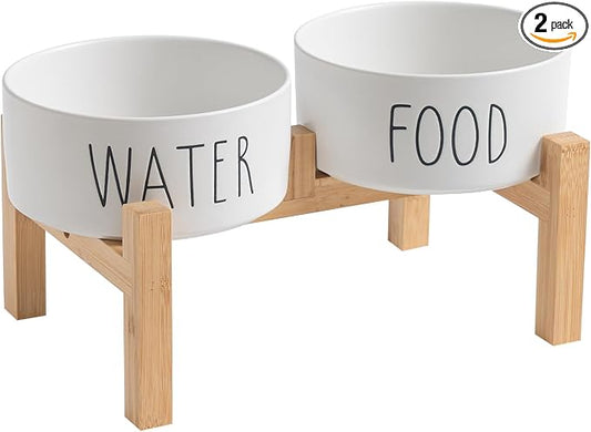 Elevated Ceramic Dog Bowls Set - Food & Water Lettering Raised Dog Bowl with Non-Slip Bamboo Stand for Small and Medium Dogs, Weighted Dogs Dishes Pet Bowls (6 inch, 2 * 30oz, White)