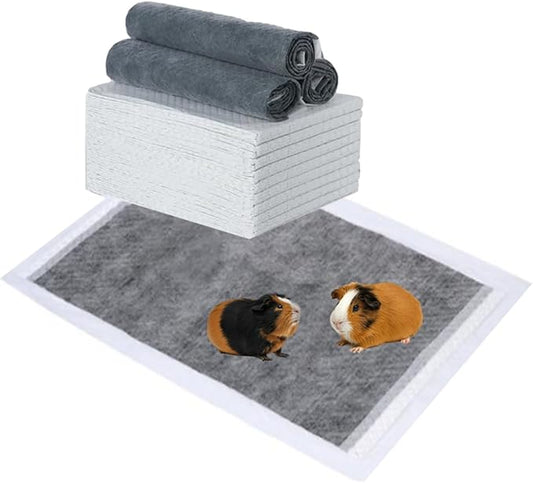 12pk - 47" x 24" Disposable Guinea Pig Cage Liner (4' x 2') for Midwest, C&C and Hard Bottom Cages - Bamboo Charcoal Odor Control - 4 Corner Sticky Pads - No SAP for Small Animal Safety