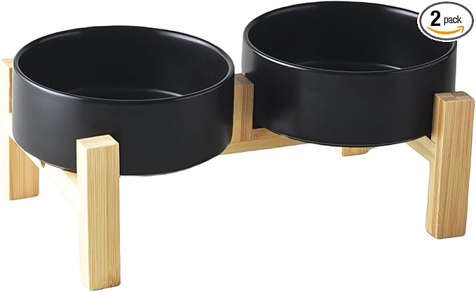 Elevated Ceramic Dog Bowl Set - Raised Dog Bowls with Non Slip Bamboo Stand, Food and Water Bowl Set for Kitty, Cats and Toy Breed Dogs, Pet Bowls, Weighted Dogs Dishes (5.1'', 2*16OZ, Black)