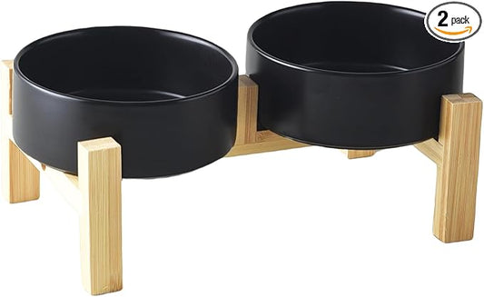 Elevated Ceramic Dog Bowl Set - Raised Dog Bowls with Non Slip Bamboo Stand, Food and Water Bowl Set for Kitty, Cats and Toy Breed Dogs, Pet Bowls, Weighted Dogs Dishes (5.1'', 2*16OZ, Black)