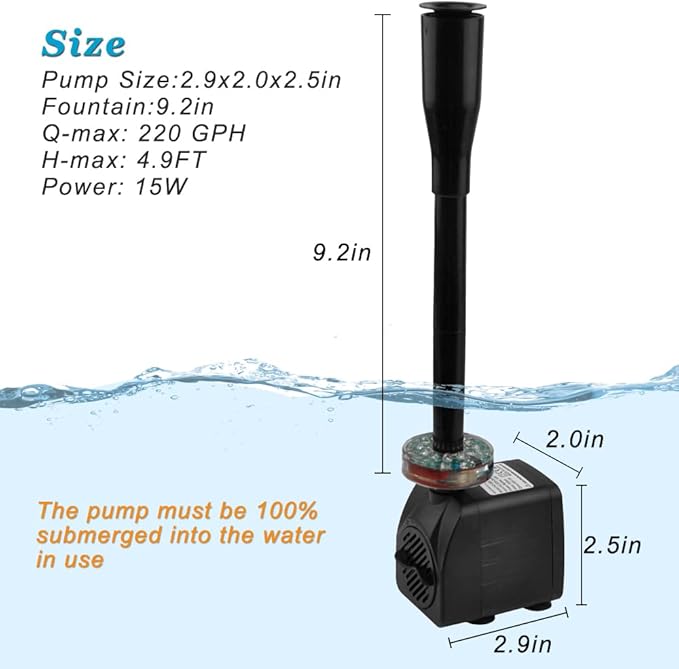 15W 220 GPH Submersible Fountain Pump with LED Light (800L/H), Ultra Quiet Adjustable Water Pump for Water Feature, Hydroponics, Garden, Pond, Aquariums, Fish Tanks, Indoor Outdoor Fountain