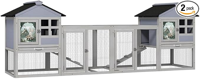 96.2" L Rabbit Hutch Indoor Outdoor Large Wooden Bunny Cage with Run, Removale Tray, Top-Opening Roof, 2 Doors, Painting Decor, 2 Packs