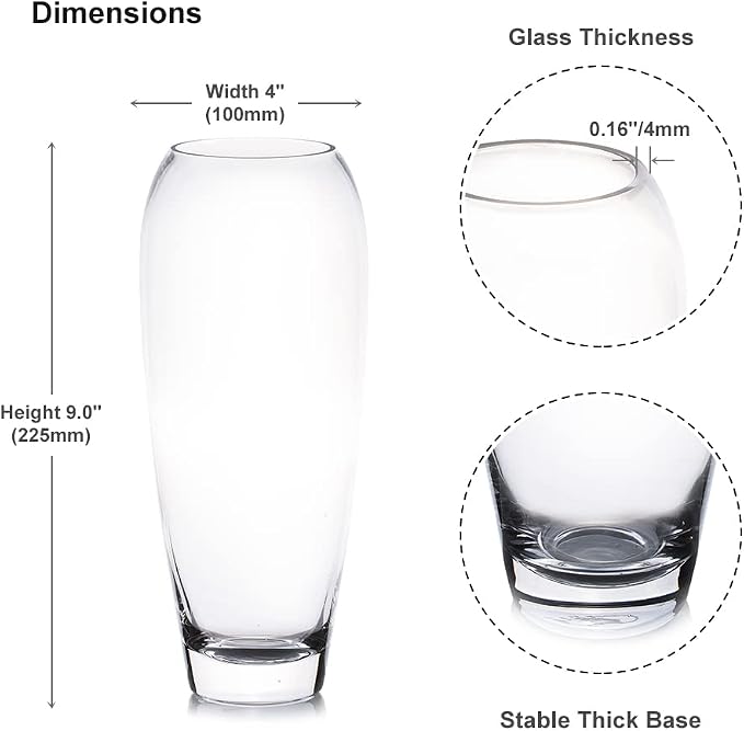 Oval Domed Glass Vase for Flowers, 4" W 9" H Clear Large Domed Bullet Cylinder Floral Vase for Home Decor, Wedding Centerpiece Event (1 Piece)