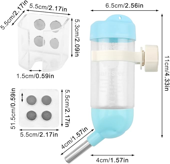 Hamster Water Bottle with Magnetic Holder, Secure & No Drip, Adjustable Height, Fits Glass/Acrylic/Metal Wire Cages, for Hamster, Guinea Pig, Hedgehogs and Other Small Pets(Clear)