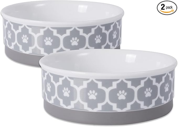 Bone Dry Paw Print Ceramic Pet Bowl, Lattice Collection, Medium Set, 6x2", Gray, 2 Count