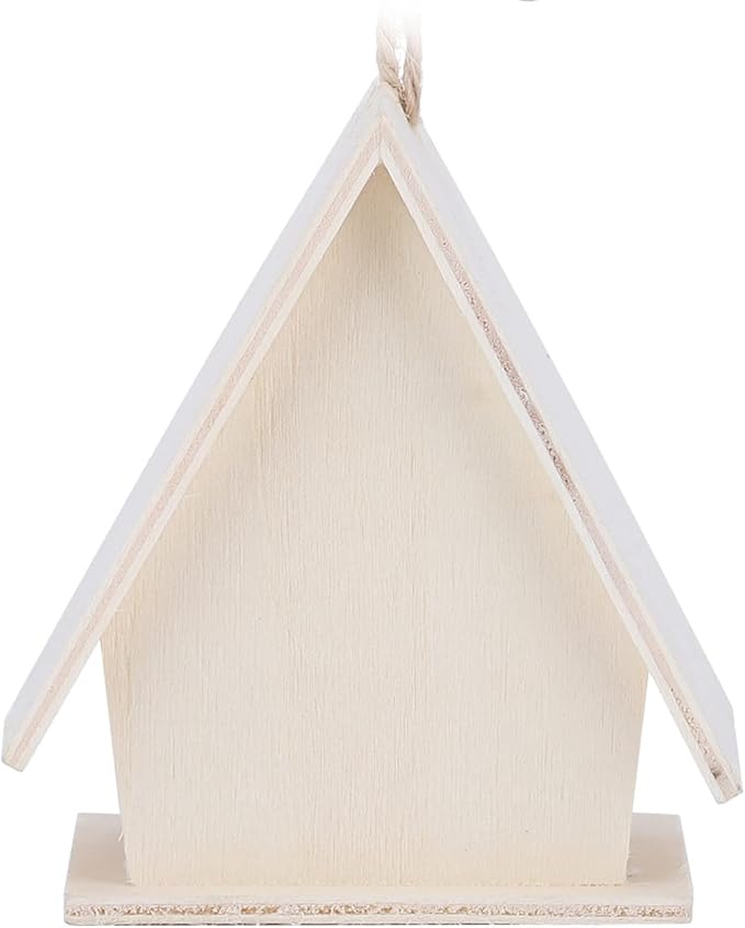 4Pcs Unfinished Wooden Bird House, Hanging Birdhouse for Outside Wood Bird Nests Box with Pole Creative Unpainted DIY Crafts Bird Houses for Garden Courtyard Decor