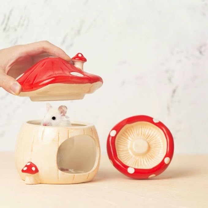 Large Hamster Habitat Hideout (Ceramic) Cute Mushroom House Shape, Hamster House and Habitat Decor for Small Pets