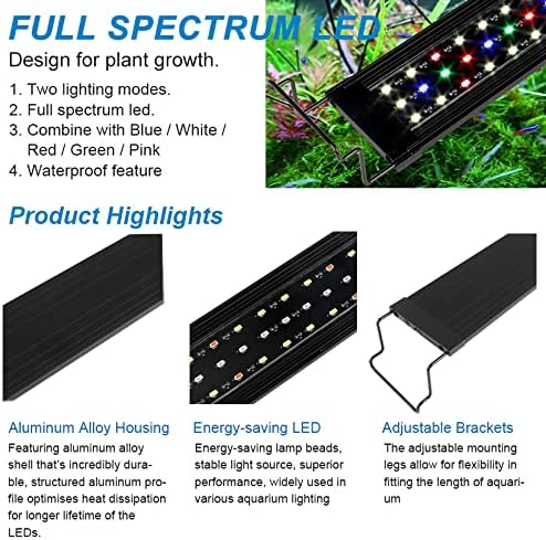 WaterRebirth Ultra-Slim Full Spectrum LED Aquarium Light with Adjustable Brackets,500LM 12W for 12Inch to 18Inch Fish Tank Lighting Fresh Water
