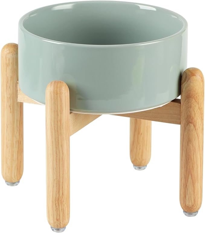 Havniva Ceramic 7.3inch Raised Dog Bowl Set, Elevated with Wooden Stand, Food and Water Bowl for Medium Breed Dogs, Weighted Dog Dishes, Pet Feeder(Light Green)