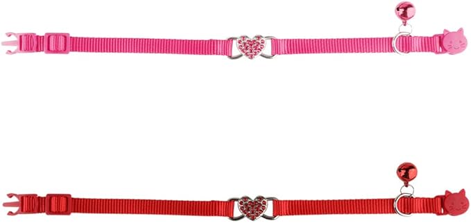 Mtliepte 2 Pcs Cat Collars Heart Bling Breakaway with Bell Nylon Adjustable for Kitty (Pink+red)