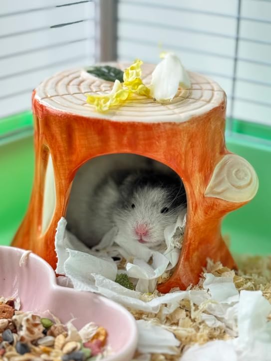 Hamster Hideout, Ceramic Tree Stump Shape Larger Hamster House and Habitats, Hamster cage Accessories, Cool Bed Ideal for All Season Syrian Hamster Dwarf Hamster Gerbil Mice Golden Bear
