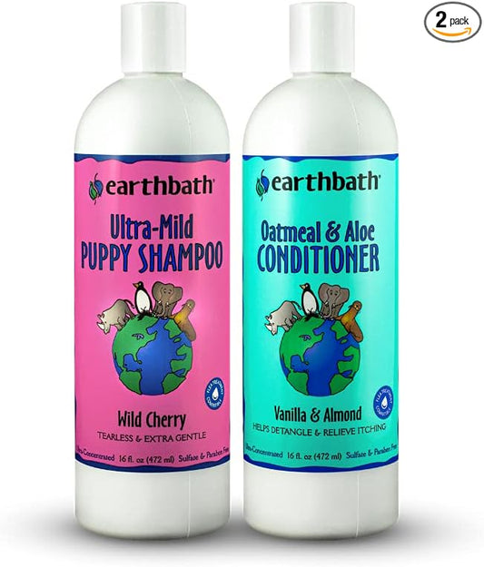 earthbath, Ultra-Mild Puppy Shampoo and Oatmeal & Aloe Conditioner - Best Dog Shampoo and Conditioner, Made in USA, 100% Cruelty Free Dog Wash, Soothing Oatmeal Shampoo for Dogs - 16 Oz (1 Set)