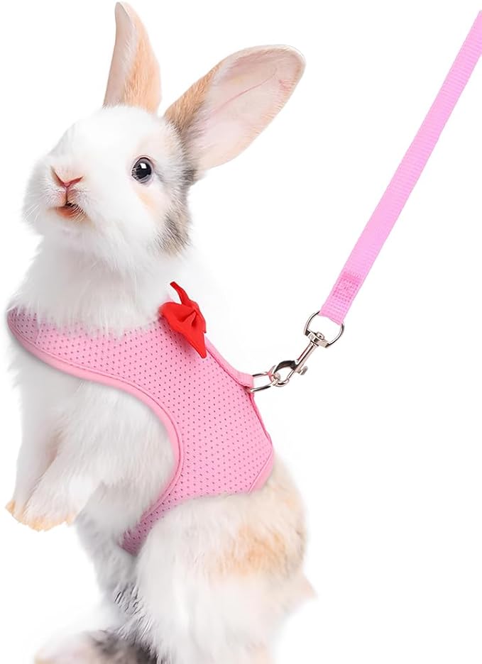 Pink Rabbit Harness and Leash Set, with Cute Bow Soft Breathable Mesh Bunny Vest Harness for Rabbits Kitten Ferret Puppy Small Pets Walking, L