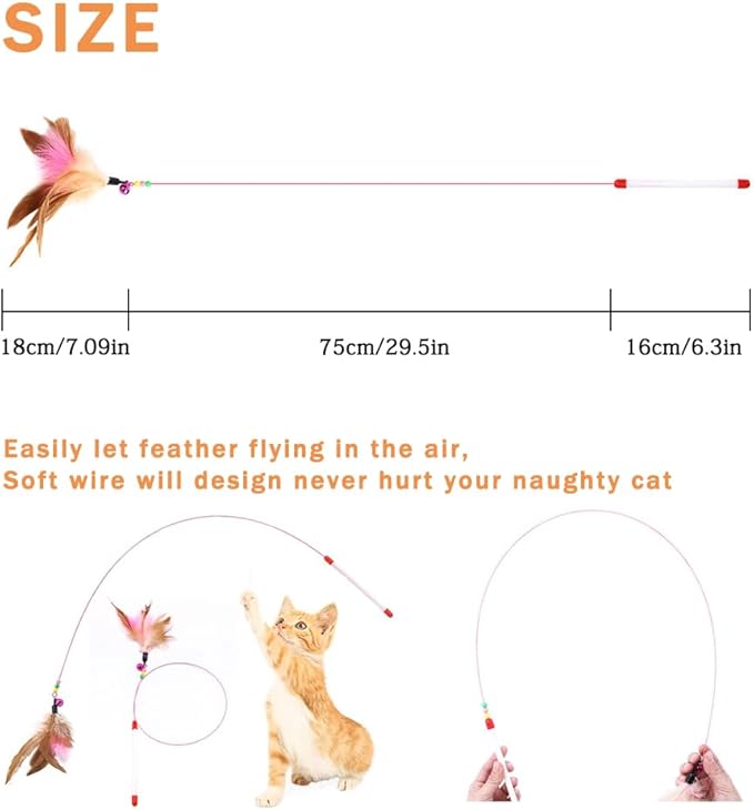 6 Pack Cat Feather Toy, Cat Toys Wand, Interactive Pet Cat Kitten Chaser Teaser Wire Wand with Bell Beads for Cat Exercise Play Fun Gifts - Wholesale