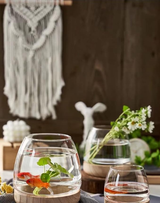 Glass Fish Bowl,with Wooden Base, Small Desktop Fish Bowl Aquarium for Betta Fish Gold Fish, Fish Tank Flower Vase,Hydroponic Plant Terrarium,for Home Decoration (11 x 19.5cm)