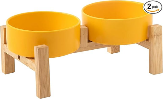Elevated Ceramic Dog Bowl Set - Raised Dog Bowls with Non Slip Bamboo Stand, Food and Water Bowl Set for Kitty, Cats and Toy Breed Dogs, Pet Bowls, Dogs Dishes (5.1'', 2 * 16OZ, Yellow)