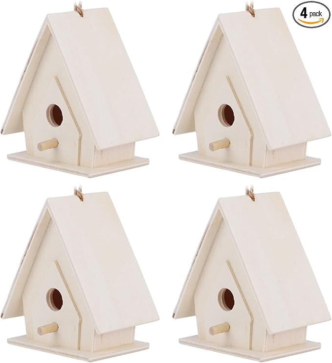 4Pcs Unfinished Wooden Bird House, Hanging Birdhouse for Outside Wood Bird Nests Box with Pole Creative Unpainted DIY Crafts Bird Houses for Garden Courtyard Decor