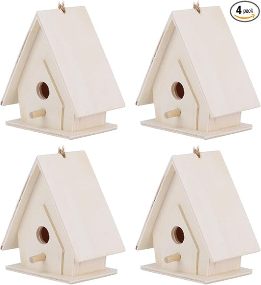 4Pcs Unfinished Wooden Bird House, Hanging Birdhouse for Outside Wood Bird Nests Box with Pole Creative Unpainted DIY Crafts Bird Houses for Garden Courtyard Decor
