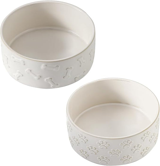UBEE Ceramic Dog Bowl Set of 2, 5.1 inch Dog Food Bowl Dish, Pet Food Water Dish Feeding for Small Dogs and Large Cat, Bone + Paw Pattern, 5.1 in-Small, White