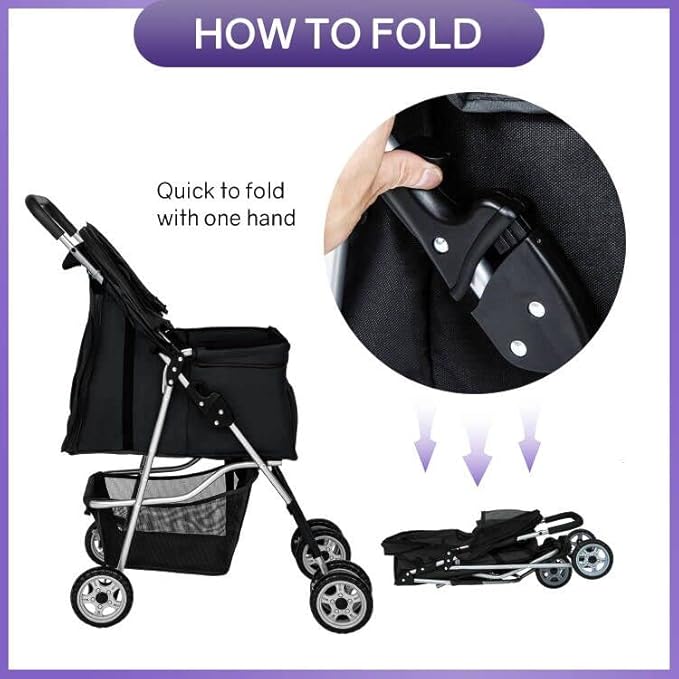 BestPet Pet Stroller Dog Cat Jogger Stroller for Medium Small Dogs Cats Folding Lightweight Travel Stroller with Cup Holder (Black, 4 Wheels)