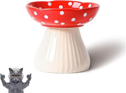 Mushroom Cat Bowl,Whisker Fatigue Cat Bowl,Cute Cat Bowls,Elevated Cat Food Bowl, Lead & Cadmium Free Ceramic Cat Bowls for Food and Water. (Red)