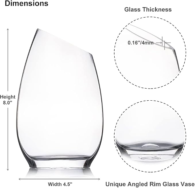 Unique Angled Rim Clear Glass Vase 4.5" W 8.0" H, Decorative Flower Vase for Home Decor Indoor, Wedding Centerpiece Event (1 Piece)