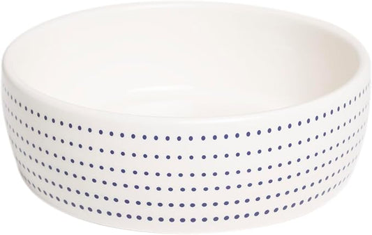 Pearhead Ceramic Cat Bowl for Food and Water, Whisker Fatigue Shallow Wide Cat Food Bowl, Heavyweight Non Slip Non Tip Pet Dish, Modern White Cat Bowl with Blue Dot Design