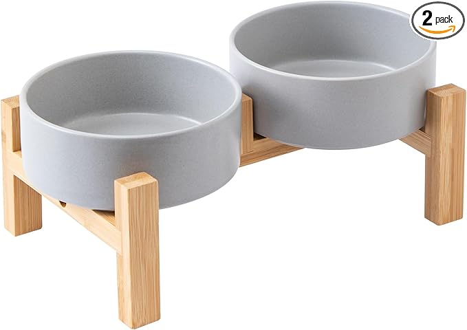 Elevated Ceramic Dog Bowl Set - Raised Dog Bowls with Non Slip Bamboo Stand, Food and Water Bowl Set for Kitty, Cats and Toy Breed Dogs, Pet Bowls, Weighted Dogs Dishes (5.1'', 2*16OZ, Grey)