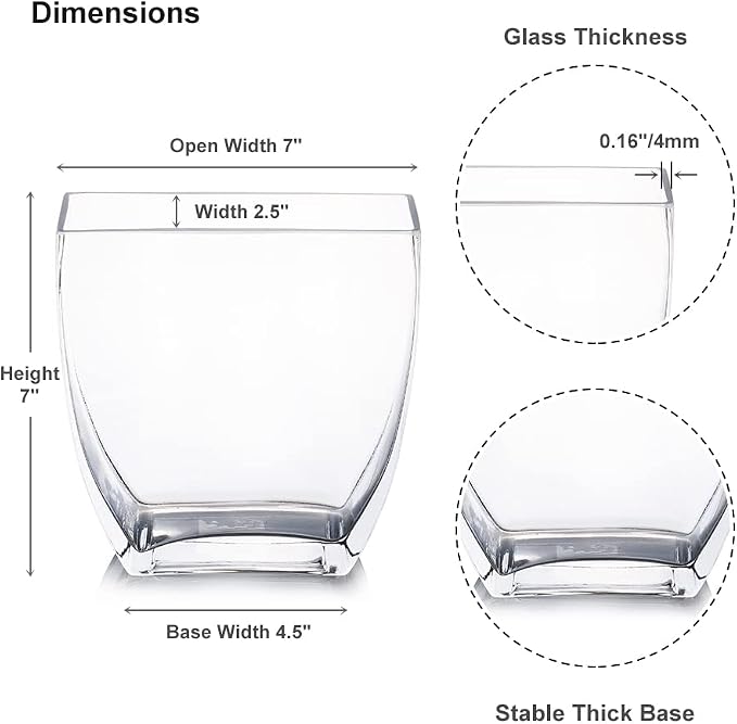Clear Rectangle Glass Vases, 7x7x2.5 Inch Block Glass Vase for Flowers, Square Glass Vase for Wedding Centerpieces, Home Décor (1 Piece)