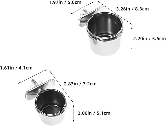 LALAFINA Stainless Steel Parrot Feeding Cups with Clamp Holders, 2pcs Bird Food Bowls 4.4cm 5.5cm for Cage Coop Feeding, Compatible with Cockatiel Budgie Parakeet