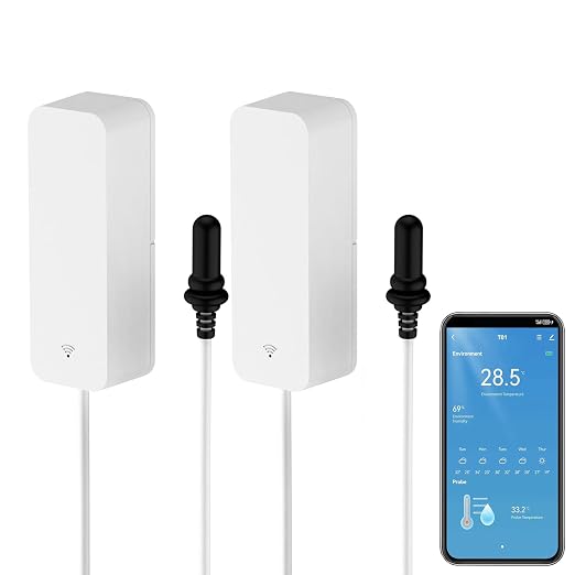 Smart Thermometer Hygrometer with Probe, WiFi Aquarium Temperature Humidity Gauge with App Remote Monitor, Indoor Refrigerator Thermometer Sensor, Data Storage&Export, Compatible with Alexa. 2PCS