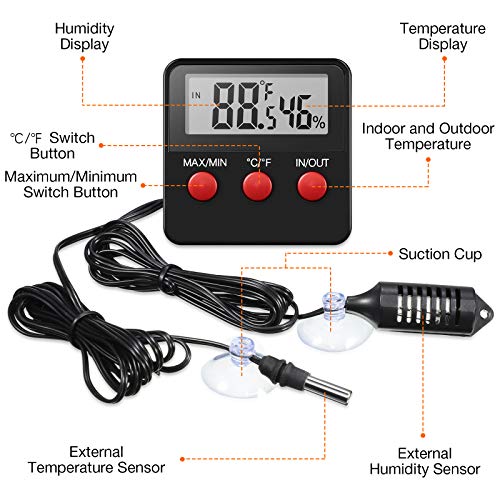 Weewooday 2 Pcs Reptile Thermometer and Humidity Gauge Reptile Terrarium Thermometer Hygrometer with Probes Indoor Outdoor Digital Pet Temperature and Hygrometer Gauge for Pet Keeping