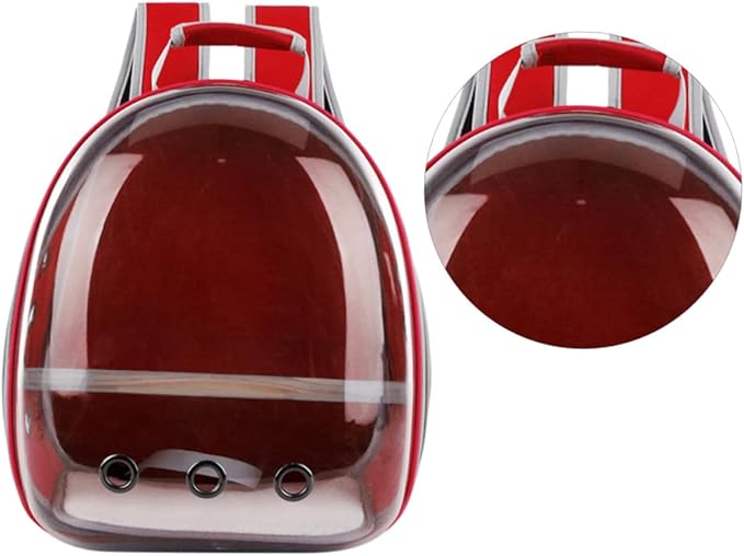 Portable Pet Backpack for Birds Breathable Capsule Carrier Ventilation and Inner Wooden Bar for Outdoor Travel Red Transparent Parrot Bag
