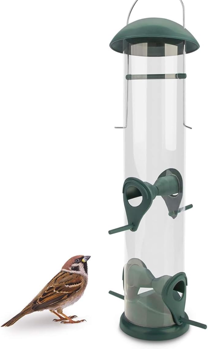 WILDLIFE FRIEND Green Grain Bird Feeder 12 Inches - With 4 Landing Spots for Birds - Hanging Bird Feeding Station - Grains Feeding Column - Wild Bird Feed Silo - Tube Bird Feeders for Outdoors Hanging