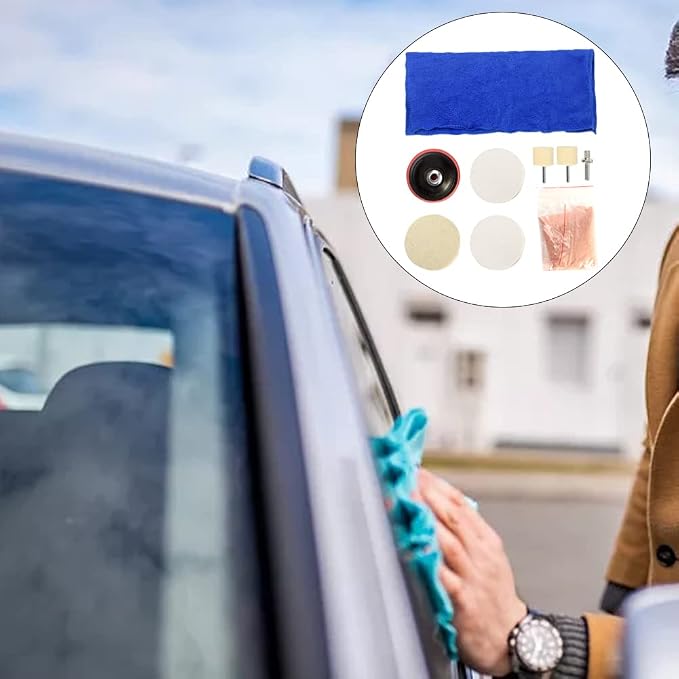 9Pcs/Set Glass Kit Multifunctional Deep Scratch Remover Car Polish Pad Cerium Oxide Polishing Powder Felt Polishing Wheel Set for Windscreen and Glass Repair