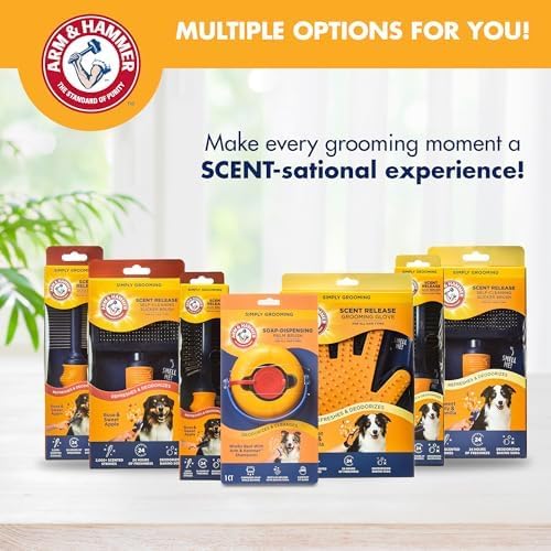 Arm & Hammer Soap Dispensing Dog Bath Brush with Baking Soda, Fill with Any Dog Shampoo, Silicone Scrubbing Nubs for Lathering & Deodorizing, Easy Grip Palm Brush for All Coat Types