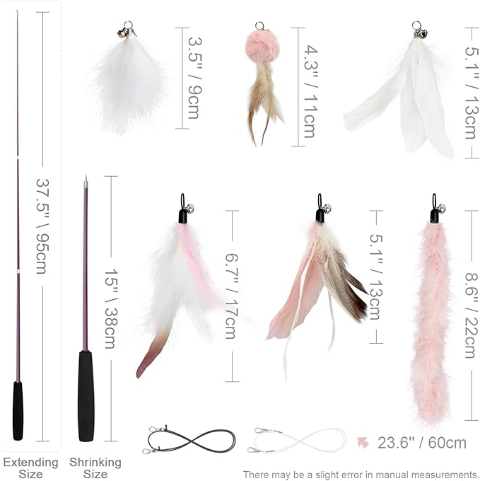 SONGWAY Interactive Cat Feather Toy Set - Retractable Teaser Wand with 6 Pcs Feather Refills with Bell, Cat Wand Toys for Indoor Cats Kittens Play Chase Exercise, Light Pink