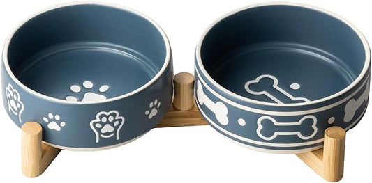 Dafuceramic Dog Bowls Set with Stand, 1.5 Cups Ceramic Puppy Bowls for Dogs, Dual Dog Food and Water Bowls with Bone Pattern,Weighted Non-Slip Base (S-1.5 Cups)