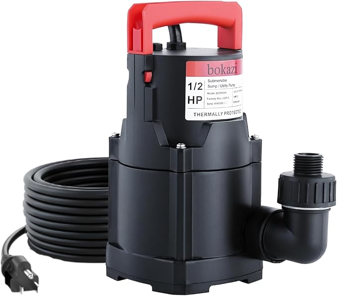 Sump Pump, Submersible Water Pump, 1/2HP Submersible Pump, Water Removal Pump With 10Ft. Garden Hose for Pool Draining, Hot Tub & Basement, Portable Pump with 25ft Long Cord & Garden Hose Adapter