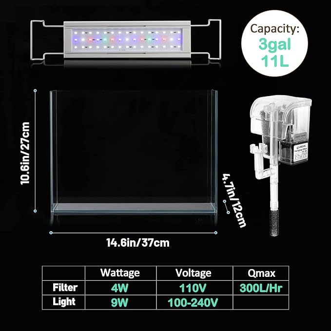 LAQUAL Rimless Glass Aquarium Starter Kit (3 Gal), Ultra Clear Low Iron Glass Fish Tank Set, Small Beta Fish Tank & Filter with Surface Skimmer & 3-Mode LED Light