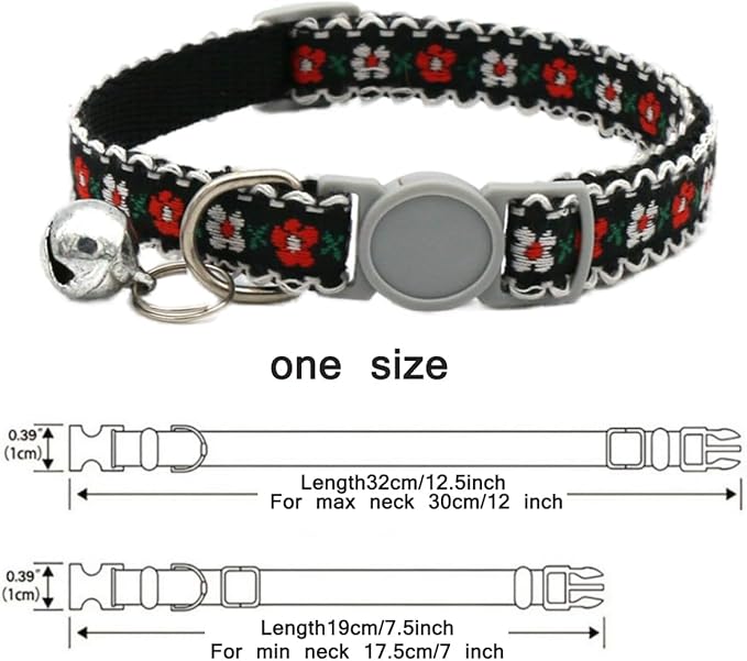 Black Cat Collar Breakaway with Bell, Break Away Kitten Collar with Bells, Cute Flower Tiny Dog Collar for XXS Xs Little Pet Dogs, Neck 7.5-12inch