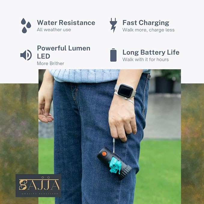 Dog Poop Bag Holder with Rechargeable LED Flashlight – Quick-Silicone Finger Grip Bag Opener, Hands-Free Dispenser with Silicone & Velcro Straps & Hand Strap – Fits Any Leash for Easy Dog Walking