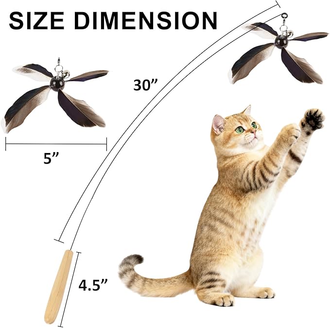 Cat Wand Toys Interactive for Indoor Cats, 4PC 4-Blade Feather Propeller Refills, 1PC Cat Wand (Classic Mocha Brown)